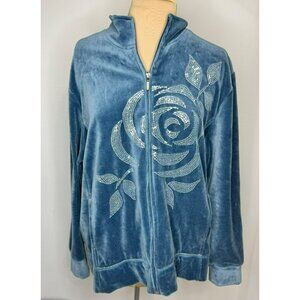 Zenergy By Chicos Blue Velour Zip-Up Jacket With Sequin Rose Design Size 3